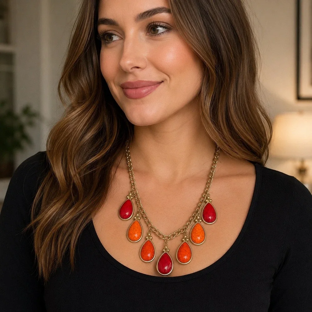 Red Orange Faux Stone Teardrop Statement Necklace Gold Tone Curb Chain Bib
